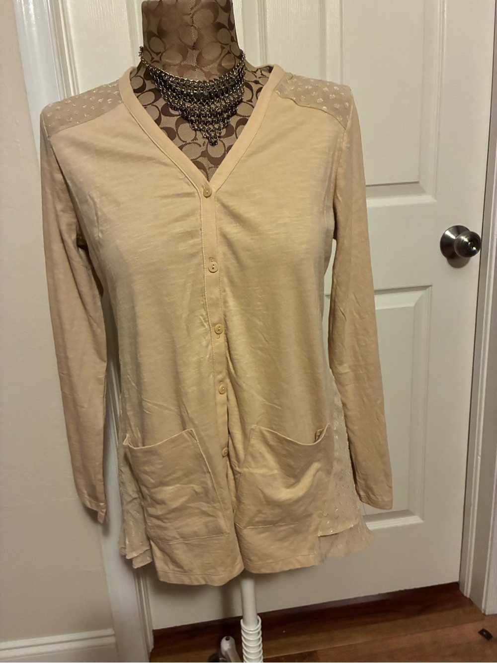 LOGO by Lori Goldstein 
Women's Knit Cardigan Mixed Media ClipDot Trim.